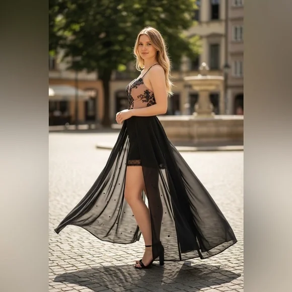 Selfie Leslie Elegant Black and Gold High Low Dress - Picture 2 of 8